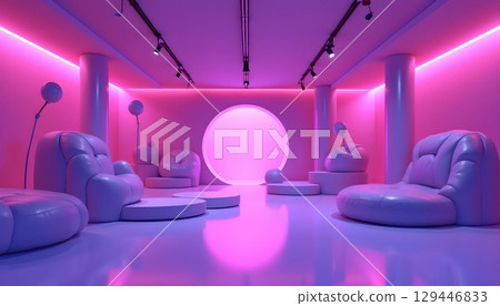 Elegant Futuristic Room With Neon Arch And Abstract Plants 129446833
