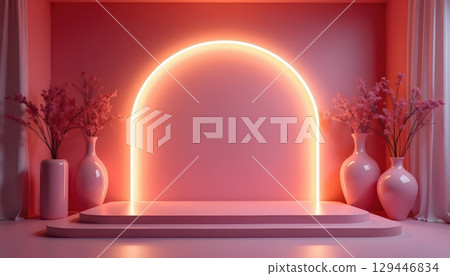 Neon Fantasy Setup With Glowing Arch And Surreal Plants 129446834
