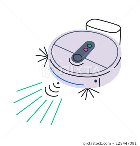 Flat cartoon vector illustration of smart robot vacuum cleaner with Wi Fi control. Home automation device for wireless cleaning, modern technology, smart living, digital household system 129447091