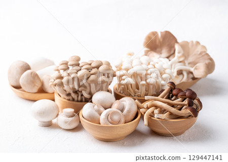 Fresh Champignon, Yanagi, Shimeji, Oyster and King oyster mushroom on white background 129447141