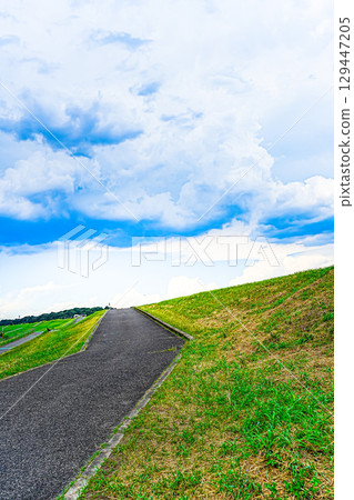 Summer blue sky and the wide Edogawa River bank 129447205