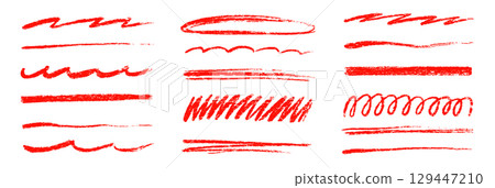 Red pencil line brush stroke set. Hand drawn underline, cross mark, and crayon scribble for text highlight and grunge. Doodle sketch element for red chalk pencil underline design. Vector 129447210