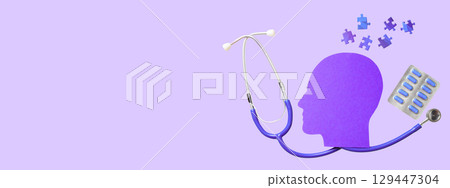 Stethoscope by purple head silhouette and blue puzzles Stethoscope by purple head silhouette and blue puzzles 129447304