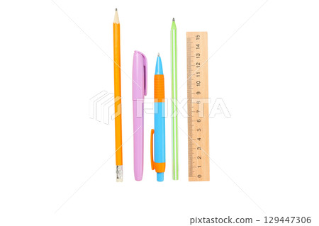 Colorful writing tools with a ruler, isolated on white, PNG Colorful writing tools with a ruler, isolated on white, PNG 129447306