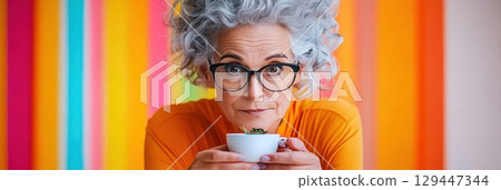 Middle aged woman curiously reading tea leaves in vibrant room filled with colorful curtains 129447344