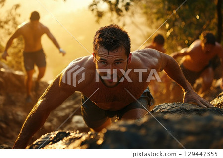 Man with a fit physique climbs rocks under bright sunlight showcasing determination Man with a fit physique climbs rocks under bright sunlight showcasing determination 129447355