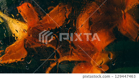 Lily flower. Fractal petals. Defocused red orange green color plant pistils leaves liquid bubbles on dark black abstract art background. Lily flower. Fractal petals. Defocused red orange green color plant pistils leaves liquid bubbles on dark black abstract art background. 129447463