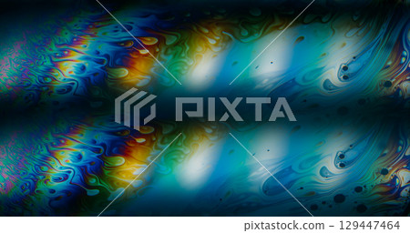 Gasoline fluid blur. Floating ink. Duplicated colorful liquid stripe oil swirl on black background. Lens prism abstract blue gradient glow. Gasoline fluid blur. Floating ink. Duplicated colorful liquid stripe oil swirl on black background. Lens prism abstract blue gradient glow. 129447464
