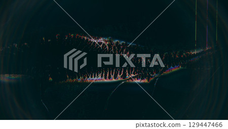 Pixel screen. Distortion noise. Blue orange color glitch frequency artifacts film digital wave dark black art abstract background. 129447466