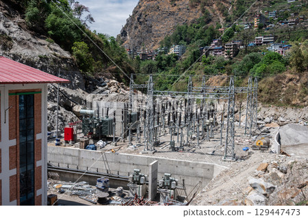 New hydroelectric plant under construction in Syafrubesi Rasuwa town in Langtang national park, Nepal. It is a facility that generates electricity by harnessing the energy of moving water. 129447473