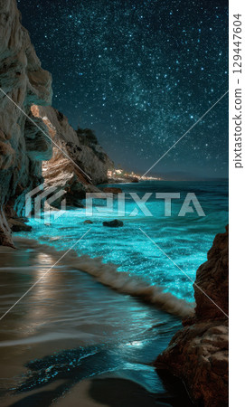 Secluded beach glowing with phosphorescent waves under starry night sky, tranquil atmosphere Secluded beach glowing with phosphorescent waves under starry night sky, tranquil atmosphere 129447604