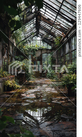 Abandoned greenhouse broken glass overgrown plant lush foliage nature reflection moody Abandoned greenhouse broken glass overgrown plant lush foliage nature reflection moody 129447606