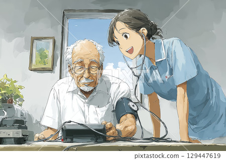 老人和護士測量血壓 129447619