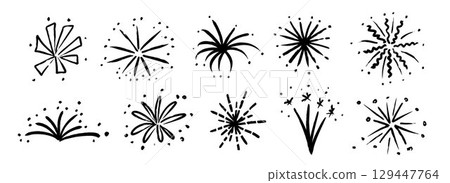 Black hand drawn firework set. Crayon doodled firecracker element collection. Pastel pencil sketches of sparkle burst, explosion, star lights. Vector drawn spark sticker for birthday, party decoration Black hand drawn firework set. Crayon doodled firecracker element collection. Pastel pencil sketches of sparkle burst, explosion, star lights. Vector drawn spark sticker for birthday, party decoration 129447764