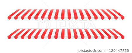 Striped shop window tent set. Store awning pattern collection. Cafe or restaurant roof canopy pack. Red and white stall market place cover. Striped sunshade design template. Vector 129447766