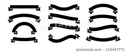 Black ribbon banner set. Wavy and curved ribbons collection for emblem, sticker, advertising, poster, promotion, frame. Vintage dark label tag element bundle for graphic design template. Vector 129447771