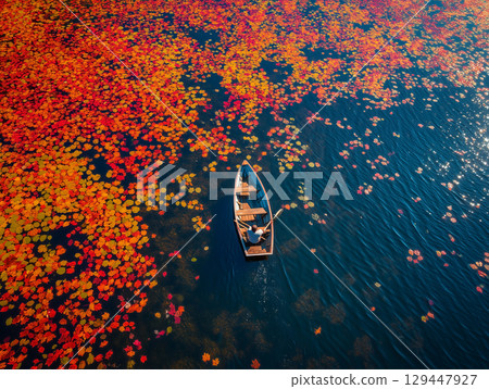 Aerial view of a boat floating on a lake in autumn and autumn leaves 129447927