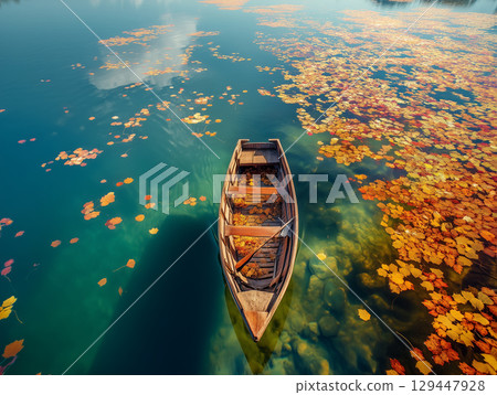 Autumn scene of rowing a boat on a lake surrounded by autumn leaves 129447928