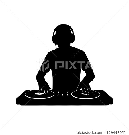 dj silhouette person mixing music with turntables wearing headphones nightclub entertainment concept on white background 129447951