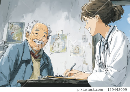 一位老人正在接受健康檢查 一位老人正在接受健康檢查 129448099