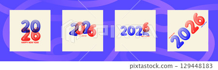 Bold 3D 2026 Happy New Year typography in red and blue halftone texture. Retro-inspired vector design on light background. Perfect for seasonal greetings and festive decoration. 129448183