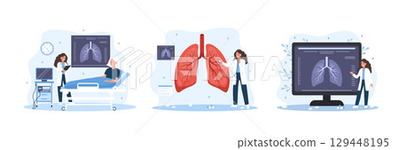 Pulmonologist concept. Tuberculosis, pneumonia, lung cancer diagnostic. Pulmonology and respiratory system treatment. Doctor appointment and patient help. Set of Vector illustration 129448195