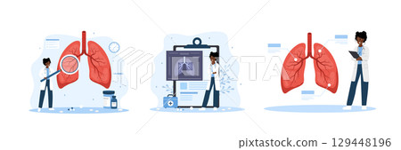 Pulmonologist concept. Tuberculosis, pneumonia, lung cancer diagnostic. Pulmonology and respiratory system treatment. African Doctor appointment and patient help. Set of Vector illustration Pulmonologist concept. Tuberculosis, pneumonia, lung cancer diagnostic. Pulmonology and respiratory system treatment. African Doctor appointment and patient help. Set of Vector illustration 129448196