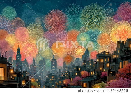色彩繽紛的夜景和煙火節場景[動畫風格] 129448226