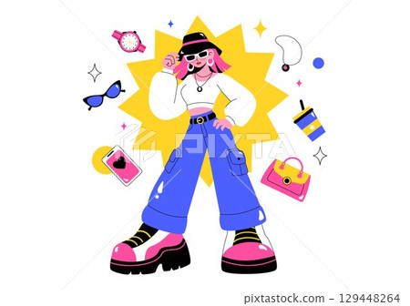 Outfit of the Day OOTD Vector Illustration featuring Clothing Choices, Accessories, Self Expression, and Style Inspiration in a Flat Background 129448264