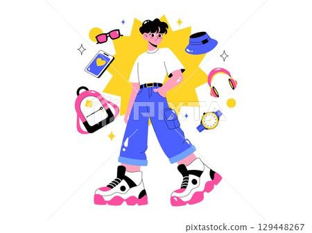 Outfit of the Day OOTD Vector Illustration featuring Clothing Choices, Accessories, Self Expression, and Style Inspiration in a Flat Background 129448267