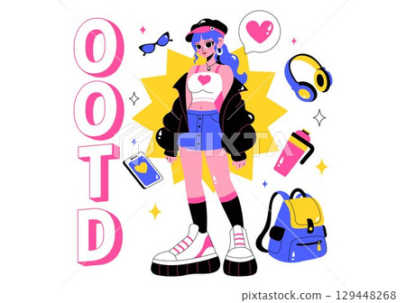 Outfit of the Day OOTD Vector Illustration featuring Clothing Choices, Accessories, Self Expression, and Style Inspiration in a Flat Background 129448268