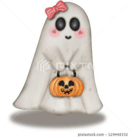 Happy Halloween set with Kawaii ghost, pumpkins, bat and decoration carnival elements. Mystical magical collection clipart. Trendy modern hand drawn. 129448332