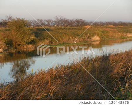 秋日暮色中靜靜的河流 129448876