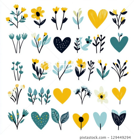 Collection of floral and heart designs in yellow, blue, and black on a white background 129449294
