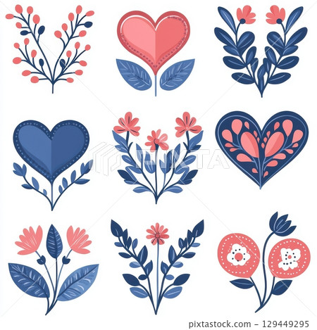 Collection of nine floral and heart shaped decorative elements on a white background art piece 129449295