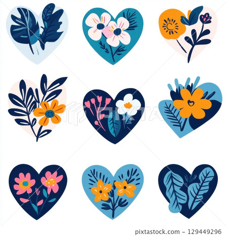 Collection of nine heart shapes filled with floral designs on a white background art style 129449296