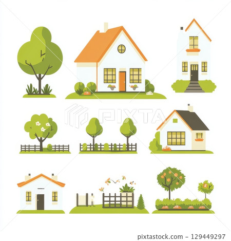 Collection of cartoon houses with various architectural styles and landscaping elements displayed nicely 129449297