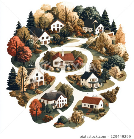 Circular arrangement of houses surrounded by trees in autumn colors on a white background art 129449299