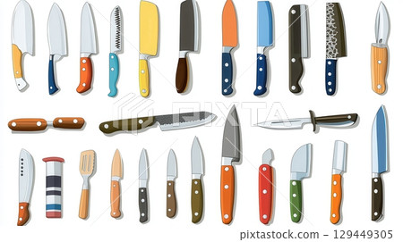 Collection of various kitchen utensils including knives cleavers and a spatula on a white background 129449305