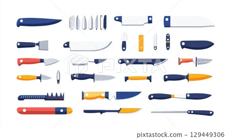 Assortment of various types of cutlery with different handles and blade shapes on a white background 129449306
