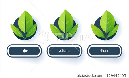 Three app icons with leaves on top and buttons below for play volume and slider control elements 129449405