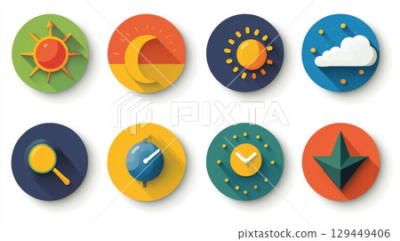 Collection of colorful circular icons depicting weather, time, and navigation symbols 129449406