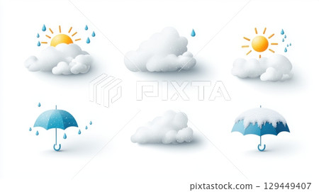 Weather forecast icons set with sun, clouds, rain, and snow, isolated on a white background scene Weather forecast icons set with sun, clouds, rain, and snow, isolated on a white background scene 129449407