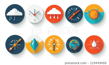 Collection of colorful weather and time icons arranged on a white background in a flat design style 129449408