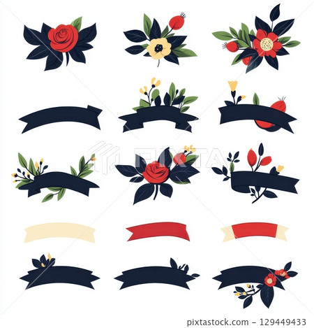 Collection of floral banners and decorative elements on a white isolated background design layout 129449433