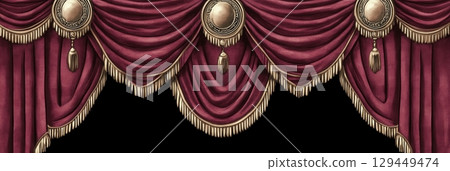 Elegant Maroon Stage Curtains Gold Accents Theater Drapes Rich Velvet Fabric Classic Design 129449474