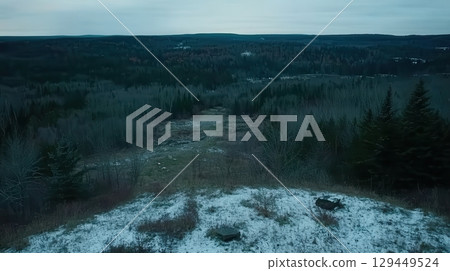Serene Winter Landscape Snowy Hilltop Forest View Cold Winter Scenery Peaceful Nature Photography 129449524