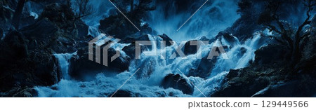 Majestic Blue Waterfall Nature Scene Powerful Rapids Dramatic Rocks Night Photography dark wild view 129449566