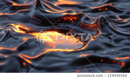 Abstract Liquid Metal Surface Dark Orange Glow Reflective Waves Texture Background 3D Art Fluid 129449568