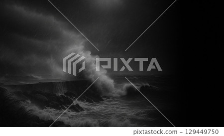 洶湧的海浪衝擊防波堤的單色景觀 129449750